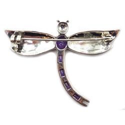  Silver amethyst and marcasite dragonfly brooch, stamped 925  