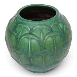Pilkington's Royal Lancastrian green vase, of bulbous form, with stylised leaf decoration, with impressed mark and number 3362 beneath, H17cm 