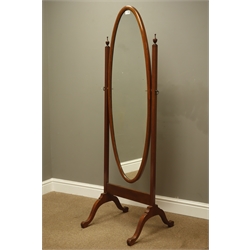  Early 20th century oval mahogany cheval mirror, turned finials, H160cm  