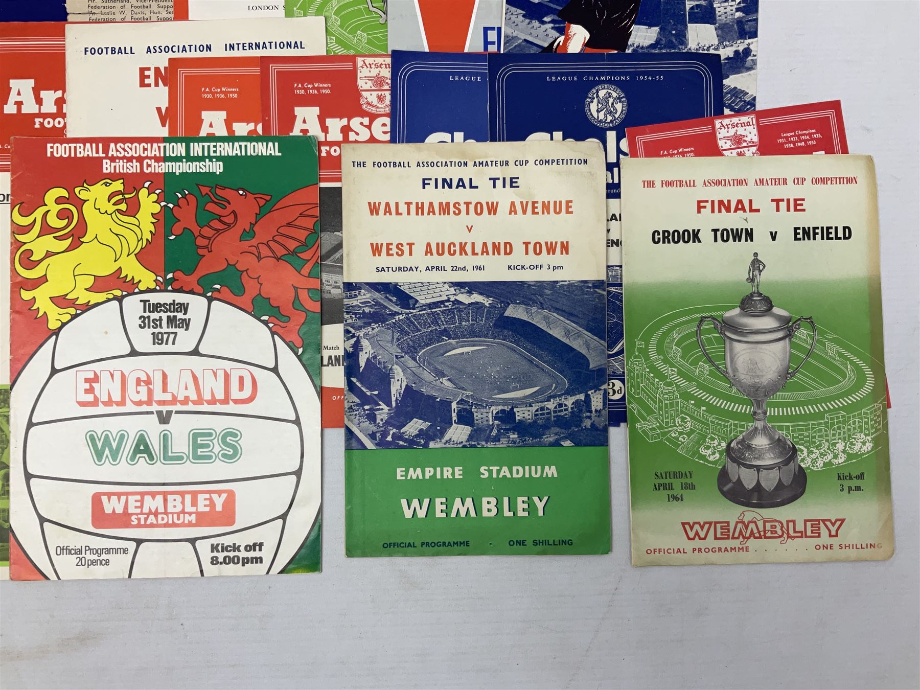Football programmes - thirteen various England and England Youth matches 1953-77; European Cup Winners Cup Final May 19th 1965 TSV Munchen 1860 v West Ham; European Champions Club Cup Final May 29th 1968 Benfica (1) v Manchester United (4), the famous Bobby Charlton final; seven Wealdstone F.C. 1950-66 including London Senior Charity Cup Final May 10th 1952; Harrow Town Football Challenge Cup April 14th 1948; and eight F.A. Amateur Cup Finals and Semi-Finals plus three song sheets 1956-68 (34)