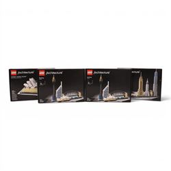 Four Lego Architecture sets, comprising New York City no. 21028, Sydney Opera House no. 21...