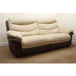  DFS grande sofa, upholstered in natural and suede fabric (W230cm)  and a matching electric reclining chair (W114cm) and footstool (3) (This item is PAT tested - 5 day warranty from date of sale)  