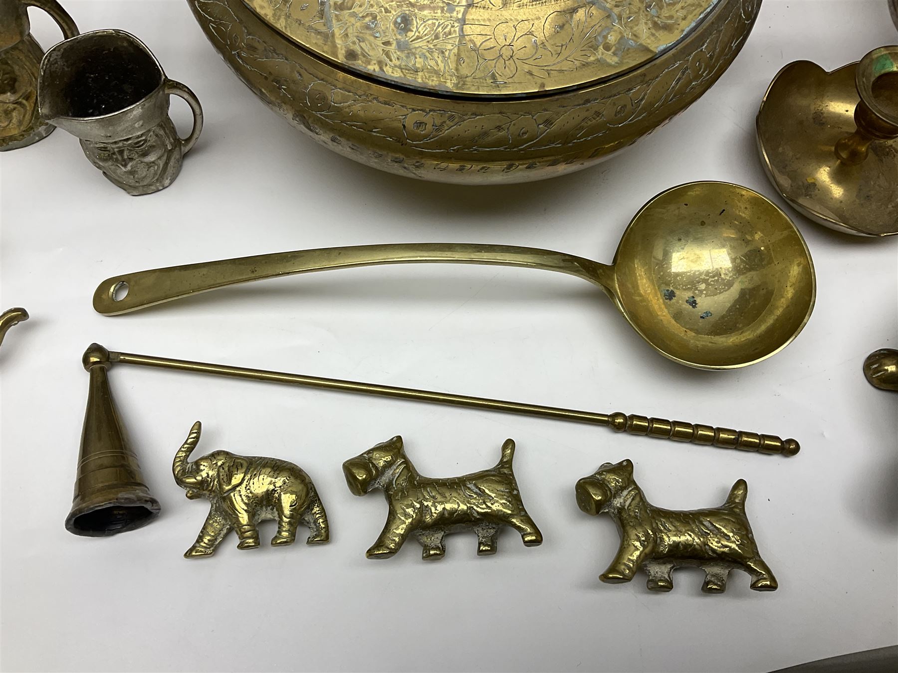 Collection of brassware, to include, kettles, jugs, owl figures etc