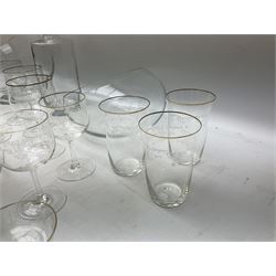 Collection of glassware, to include decanter, contemporary bowl set and a similar example, tumblers, wine glasses etc