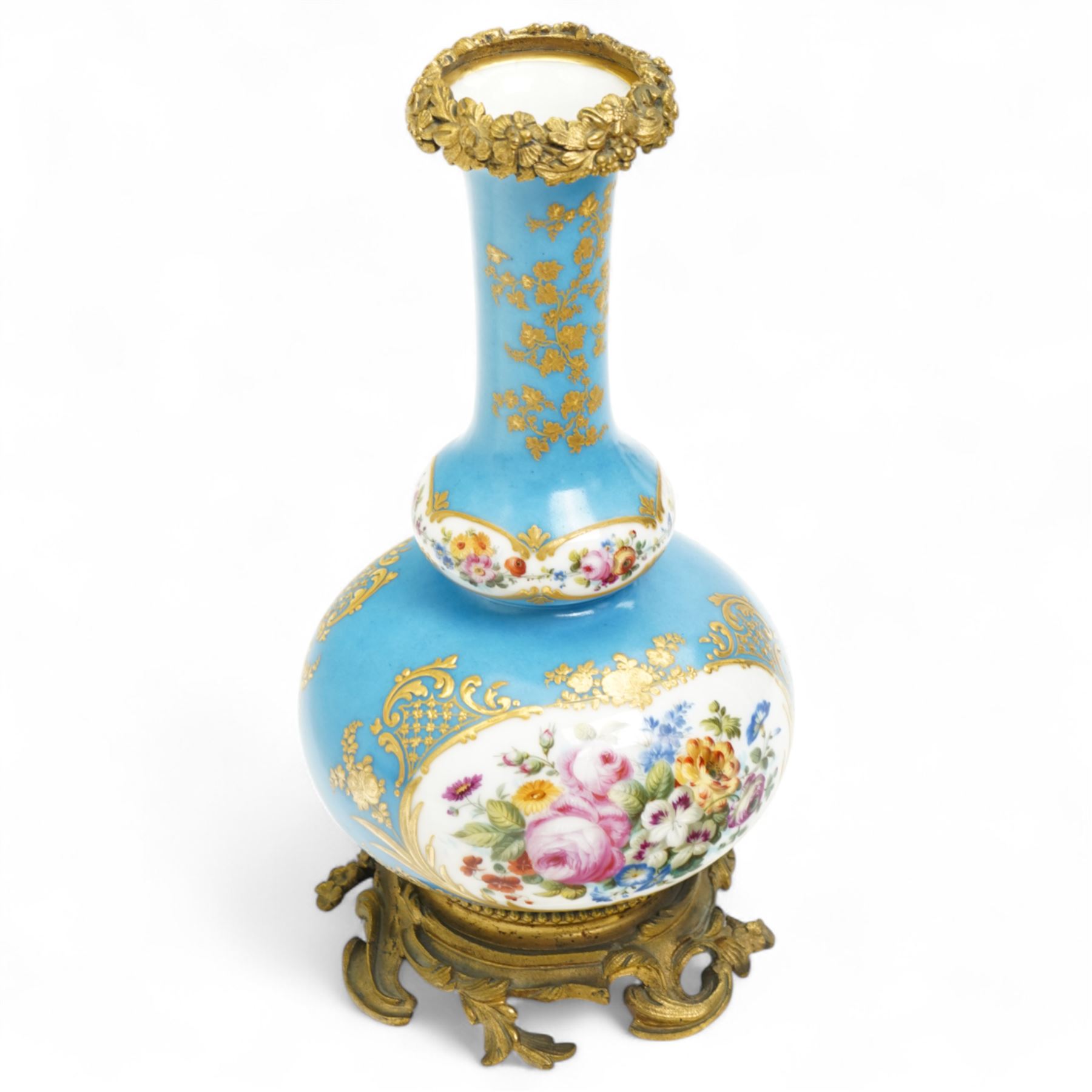 19th century French porcelain vase in the manner of Sevres, the reserves painted with birds within a landscape and floral bouquets, on a turquoise ground with gilt highlights, with ormolu style gilt metal collar and base, H26cm