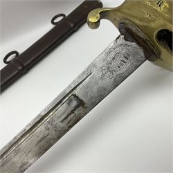 19th Century German (Saxony) Cavalry Sword, the 90.5cm single edge curved steel blade with narrow fuller to the back edge at each side, engraved with a crowned AR monogram and coat of arms, stamped with crowned AR, the back edge engraved C.v Keller im Solingen 1862, the brass half basket hilt with three flat curved bars, applied badge missing, marked G.R. 4, with ribbed leather covered grip and leather finger strap; in steel scabbard with two fixed suspension rings to one side and stamped G.R. II 118; L109.5cm overall