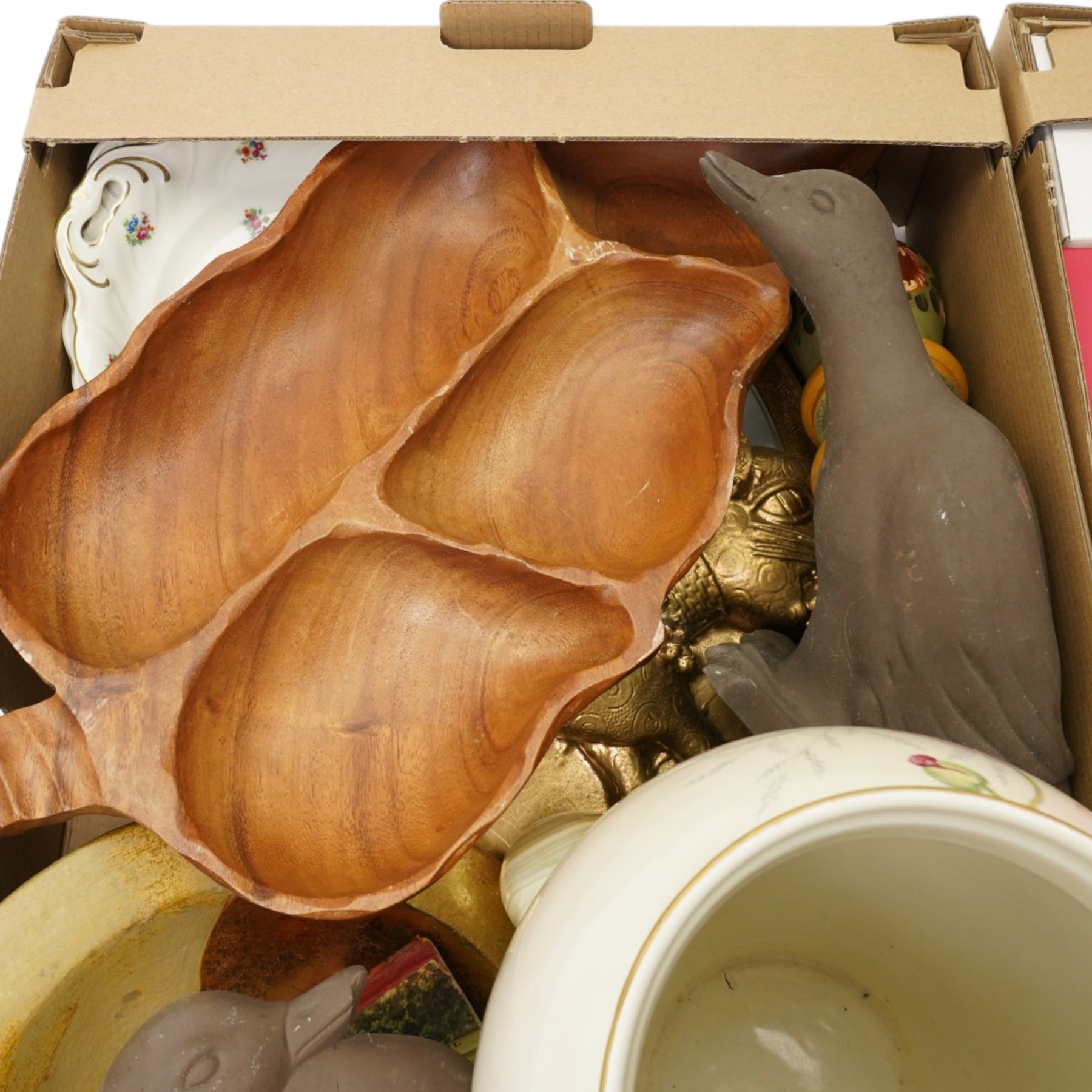 Collection of metal ware and kitchenalia, including a set of cloisonne napkin rings, carved wooden items, boxed Irish coffee set, WMF kitchen plate etc