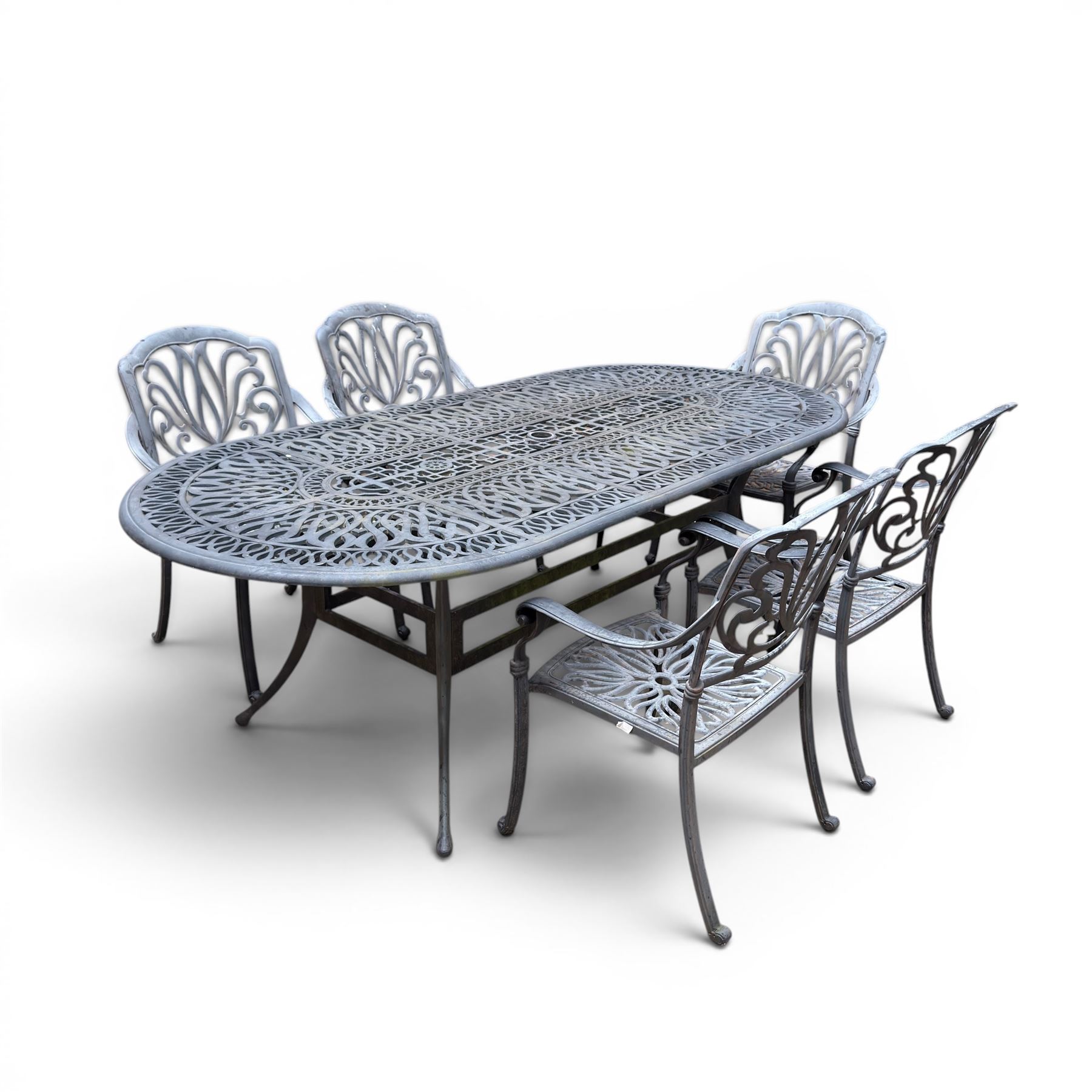 Painted aluminium rectangular garden table and five chairs, with loose seat cushions