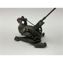 German Lineol Flak Artillery Gun on revolving base H11cm; four other Lineol WW2 German soldiers; and three Elastolin German soldiers including reclining radio operator (8)