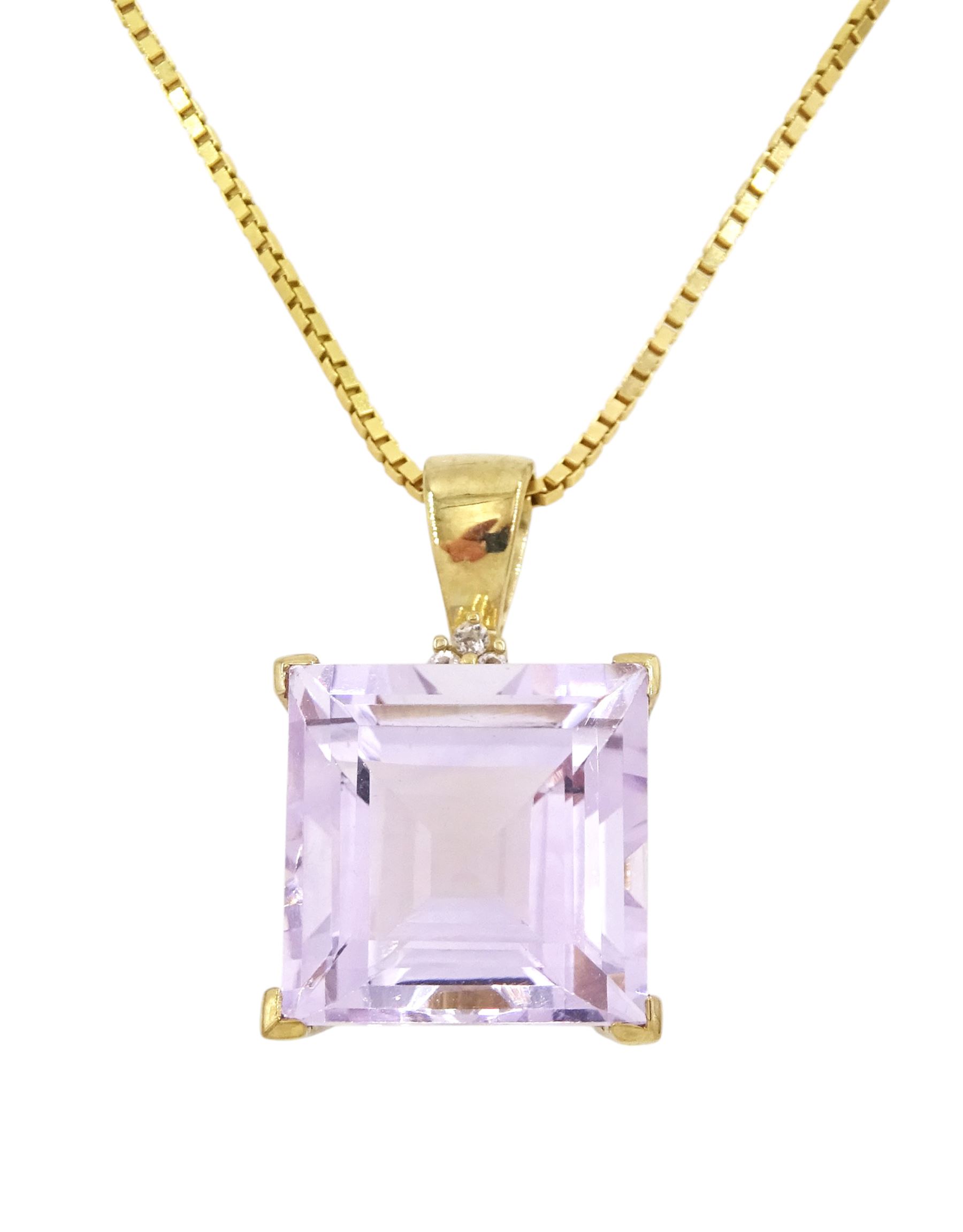 9ct gold square cut amethyst and white topaz pendant necklace, hallmarked