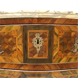 Late 18th-century Louis XV kingwood marquetry commode, rectangular top with original serpentine Breche marble top, above two long crossbanded drawers with rococo style gilt bronze handles and escutcheons in marquetry framed panel in various woods, shaped and centered apron with gilt bronze foliate mounts, sides and drawer fronts with cube geometric marquetry design, on slender cabriole legs with gilt bronze sabots  