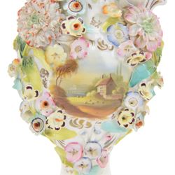 Near pair of Coalbrookdale style vases, of urnular twin handled form, painted with landscape scene and encrusted with blossoming flowers, tallest H29.5cm, together with a smaller Coalbrookdale style twin handled vase profusely encrusted with blossoming flowers, H22cm