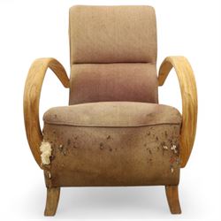  1930s Art Deco bentwood armchair, with sprung seat and arched laminated arms, upholstered in original pink-brown wool fabric, raised on square supports