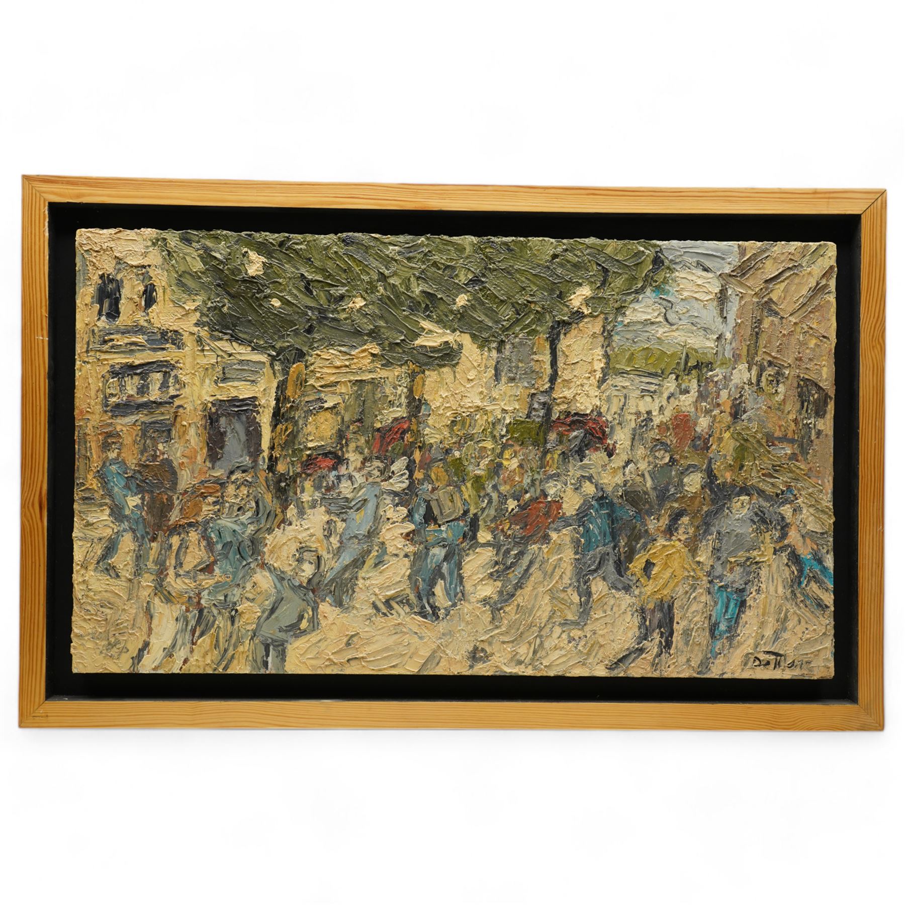 Barry De More (Yorkshire 1948-2023): 'Woolshops Halifax - Busy Day, oil and impasto on board signed, titled and dated 2012 verso 70cm x 40cm
Notes: Acclaimed as one of the North's greatest expressionist artists, Barry De More (1948-2023) used a heavy impasto style to transfer his love of Yorkshire landscapes, townscapes and people to canvas. His work sits comfortably in the company of work by Kossoff and Auerbach, selling to collectors in the UK and overseas. De More's work can be found in the permanent collection of work by Northern Artists at Dean Clough, one of the UK's largest contemporary art galleries.