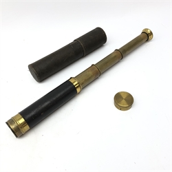  Early 20th century brass three drawer telescope with leather grip and cloth tube case L41cm (extended)  