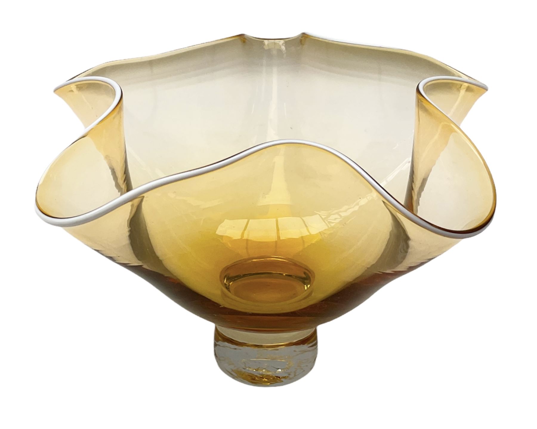 Gillies Jones orange glass bowl with crimped white rim upon a pedestal foot, H11.5cm