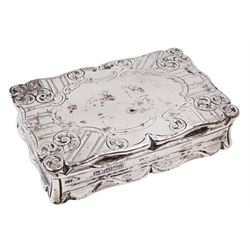 Victorian silver snuff box, of rectangular form, with scrolling rim, engraved with C scrolls and fruiting vine to base and C scrolls surrounding a blank oval cartouche to hinged cover, opening to reveal gilt interior, hallmarked Edward Smith, Birmingham 1848, L8.5cm