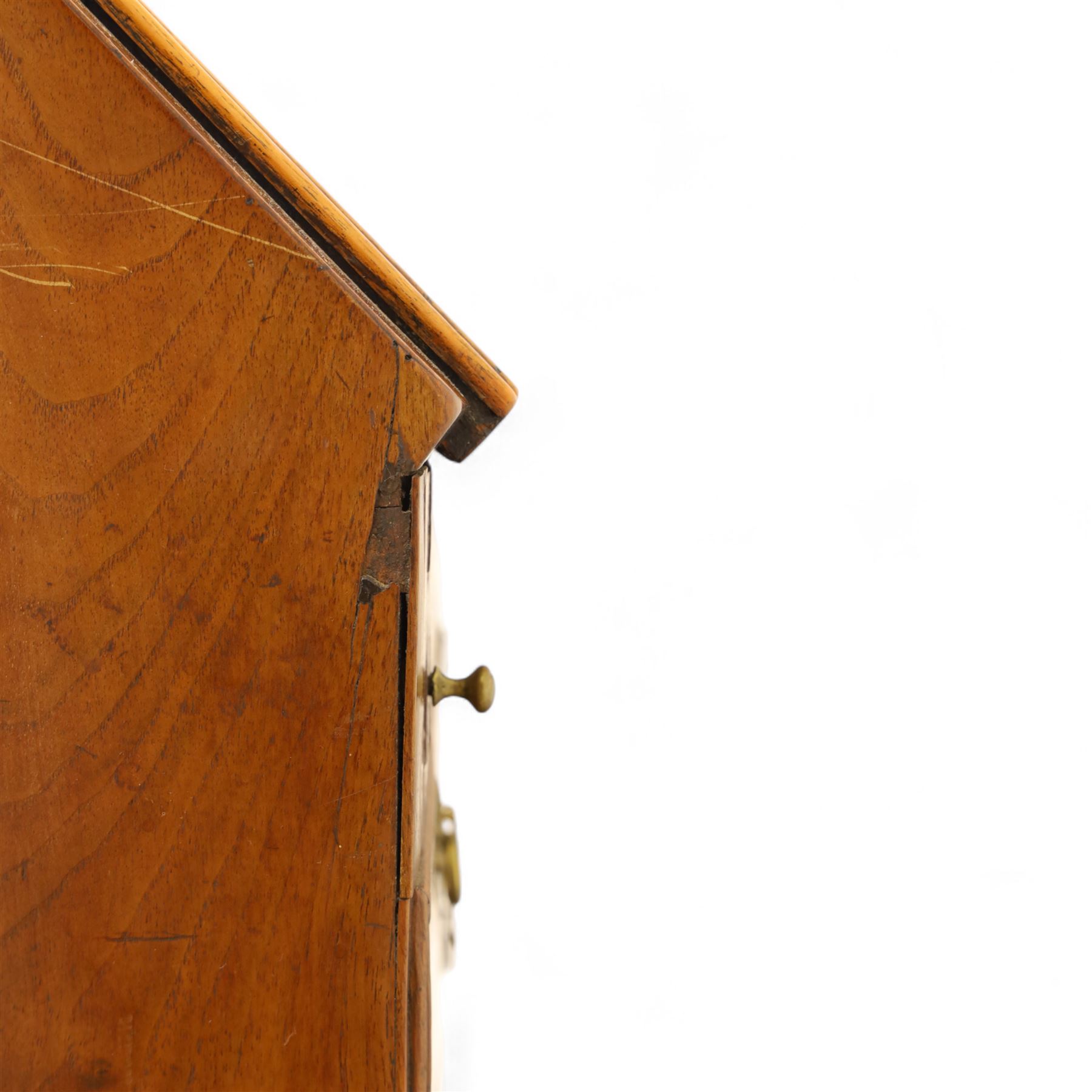 18th century walnut and herringbone banded bureau, the fall front enclosing a stepped and arched interior fitted with pigeonholes, drawers and concealed compartments, green tooled leather writing surface, over two short and three long graduated drawers with brass escutcheons and bail handles, shaped bracket feet