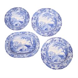 19th Century, Brameld & Co, Castle of Rochefort pattern meat platter, serving dish and three plates, meat platter L49cm, D37cm