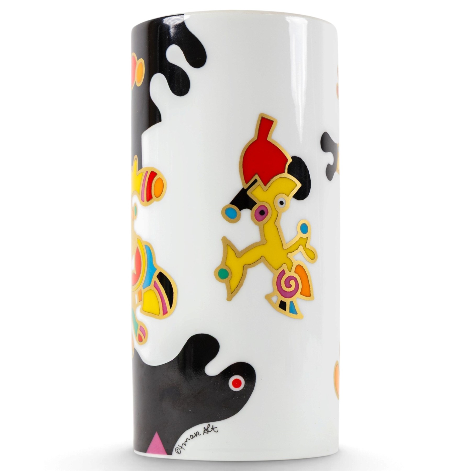 Otmar Alt (German 1940-) for Rosenthal Studio Line - porcelain cylinder vase with whimsical figures, H18.5cm