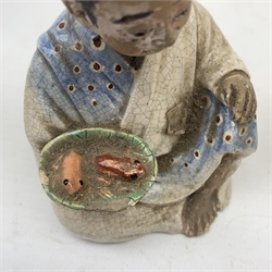 Three Japanese earthenware nodding head figures, each modelled as a seated male, tallest H13.5cm.  