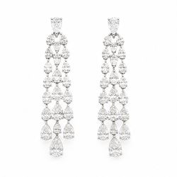 Pair of 18ct white gold diamond pendant earrings, each stud set with pear cut diamond, sus...
