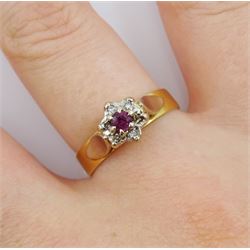 18ct gold ruby and diamond chip cluster ring, London 1974