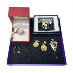 9ct gold cubic zirconia ring, Baccarat glass ring, silver jewellery, large collection of costume jewellery including Burberry brooch, Monet earrings and Esso England World Cup Squad tokens