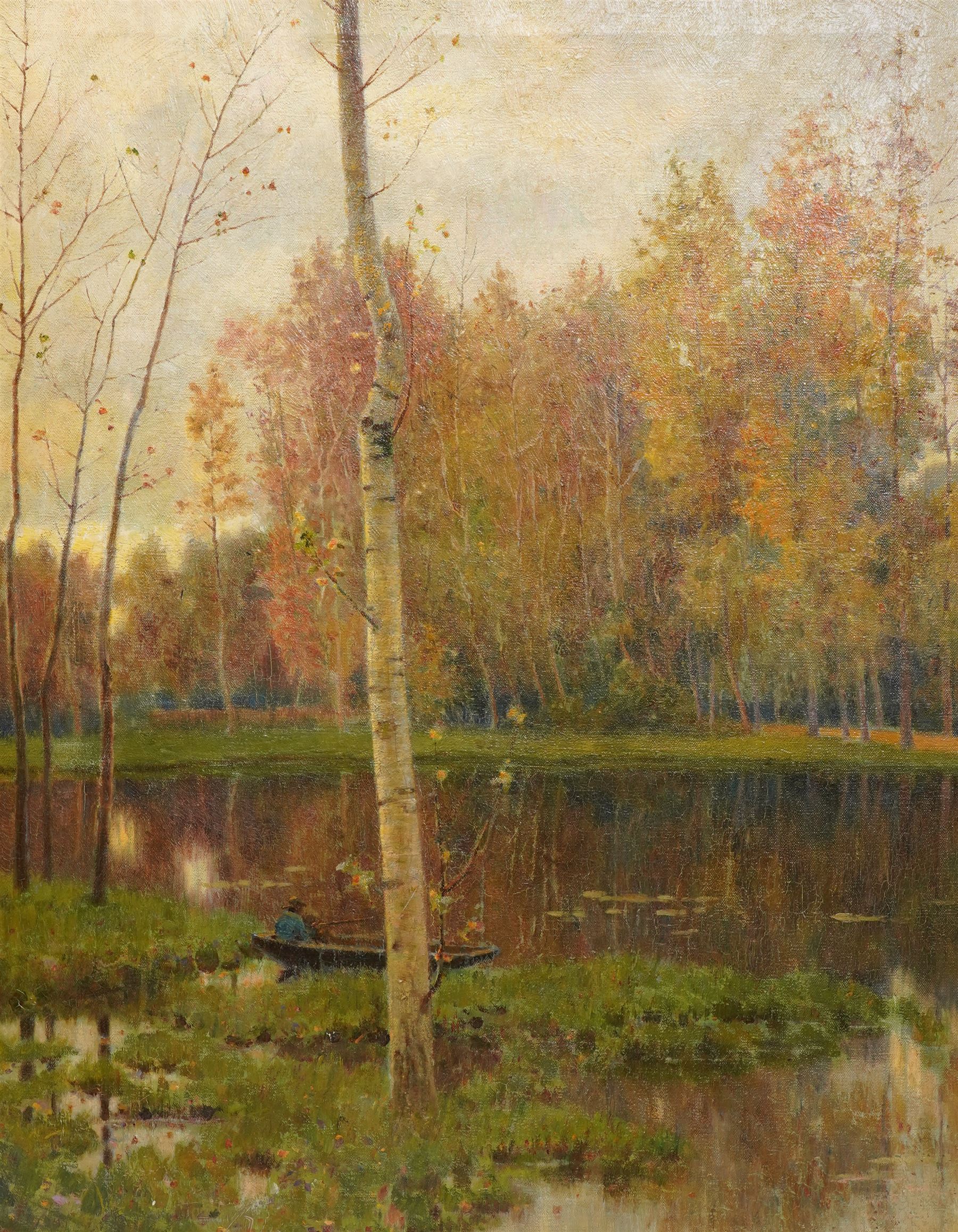 School of Tonalism (Late 19th Century - c.1890): Autumn Day, oil on canvas unsigned 78cm x 62cm
Notes: A very accomplished example testifying to the changing artistic attitudes at the turn of the century, embodying the transition from traditional realist depictions of landscapes into a more expressive handling. The restricted palette of green, brown and orange hues has been carefully used to construct soft-edged forms, mimicking the tranquil feeling of nature and eliciting an emotional response to the scene. The central solitary figure enhances the intimate setting, conveying a sense of contemplation.