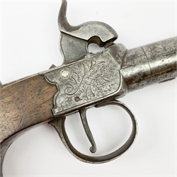 19th century English percussion box lock pocket pistol by Booth Huddersfield with (seized) turn-off barrel, engraved lock, walnut stock and thumb safety L16cm overall