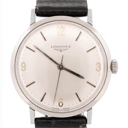 Longines gentleman's stainless steel manual wind wristwatch, circa 1960's, Ref. 7839 3, Cal. 284, silvered dial with baton and Arabic hour markers, on black leather strap
