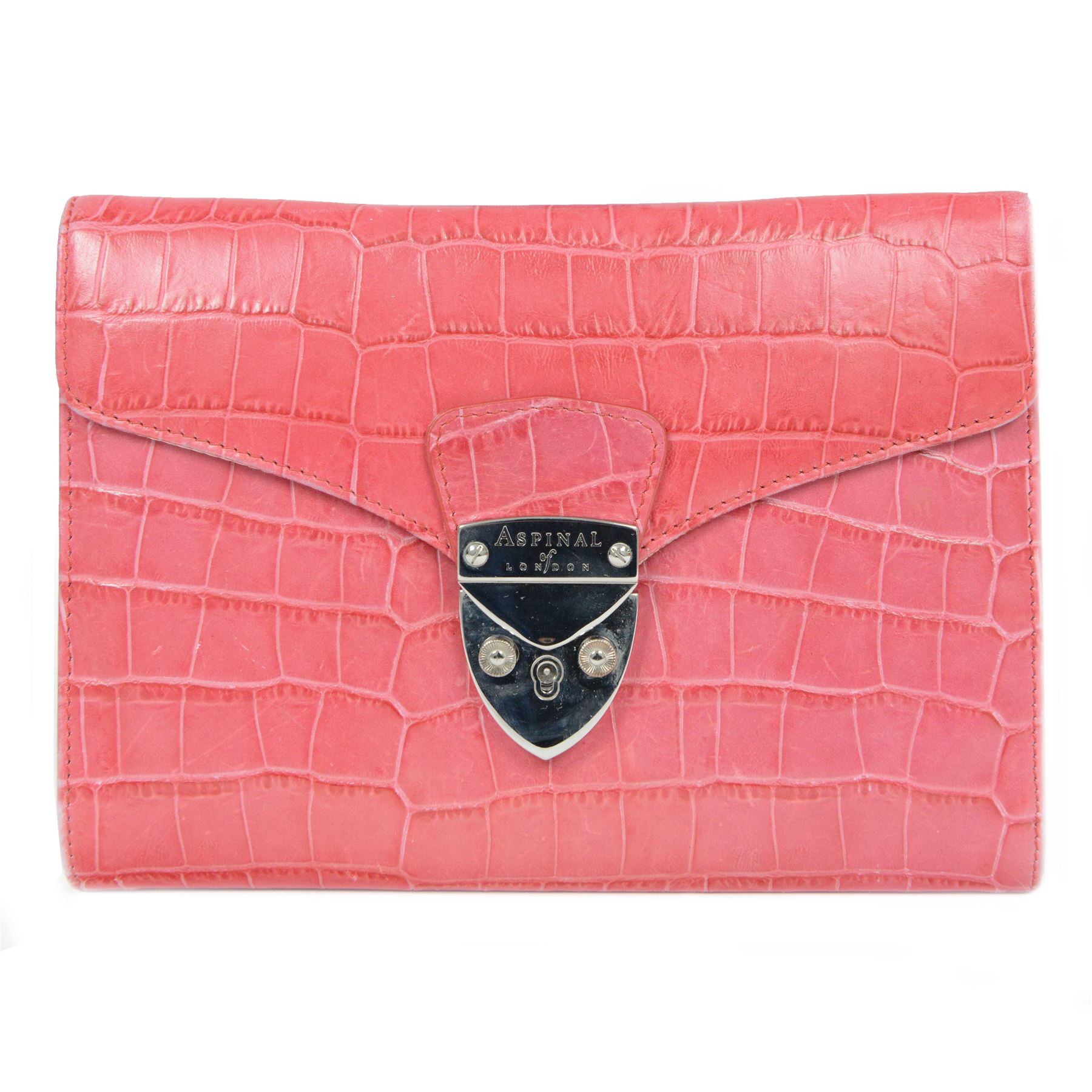 Aspinal of London fuchsia pink crocodile-embossed leather clutch bag with silver-tone shield-shaped clasp engraved Aspinal of London, the flap opening to a beige fabric-lined interior fitted with a zip pocket, slip pocket, integrated mirror and detachable chain shoulder strap, leather brand label stamped Aspinal of London England Fine Leather, accompanied by an Aspinal of London dust bag, W23cm H17cm