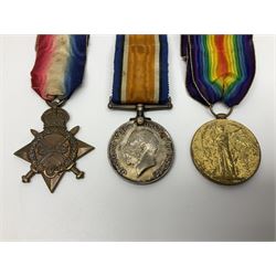 WW1 group of three medals comprising British War Medal, Victory Medal and 1914-15 Star awarded to 90434 Gnr. R.G. Rhodes R.F.A./R.A.; all with ribbons