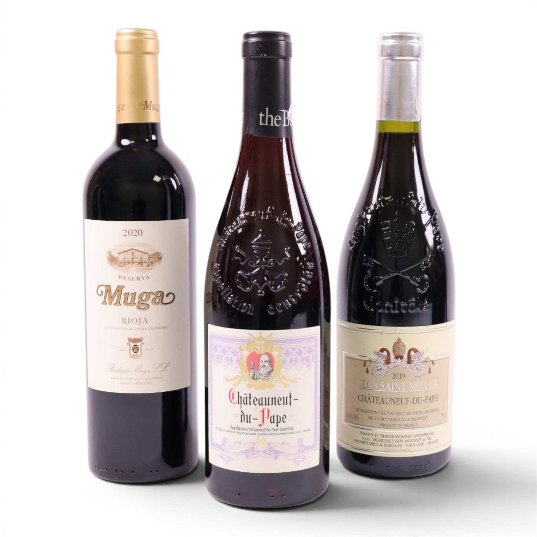 Mixed red wine, Muga 2020 Rioja 75cl, 14.5%, Clos Saint Michel 2019 Chateauneuf-de-Pape 75cl 14% vol and Appellation 2022 Chateauneuf-de-Pape 75cl 14.5%