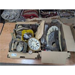 Collection of clock parts and accessories, including movement, faces, dials, tools, brass ...
