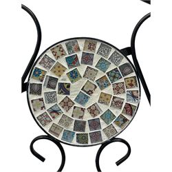 Black painted metal bistro set, circular table with mosaic top, and pair of folding chairs with mosaic panels 