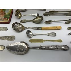 Small quantity of silver, to include two Edwardian napkin rings with pierced decoration, Georgian teaspoon, Victorian sifting spoon, early 20th century Kings pattern cake knife, etc., together with a group of assorted silver plated flatware, a meerschaum pipe bowl modelled as the head of a lady, various cheroot holders, etc. 