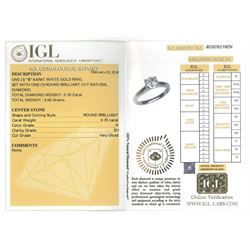 18ct white gold single stone round brilliant cut diamond ring, stamped 750, diamond 0.70 carat, with International Gemological Laboratories report
