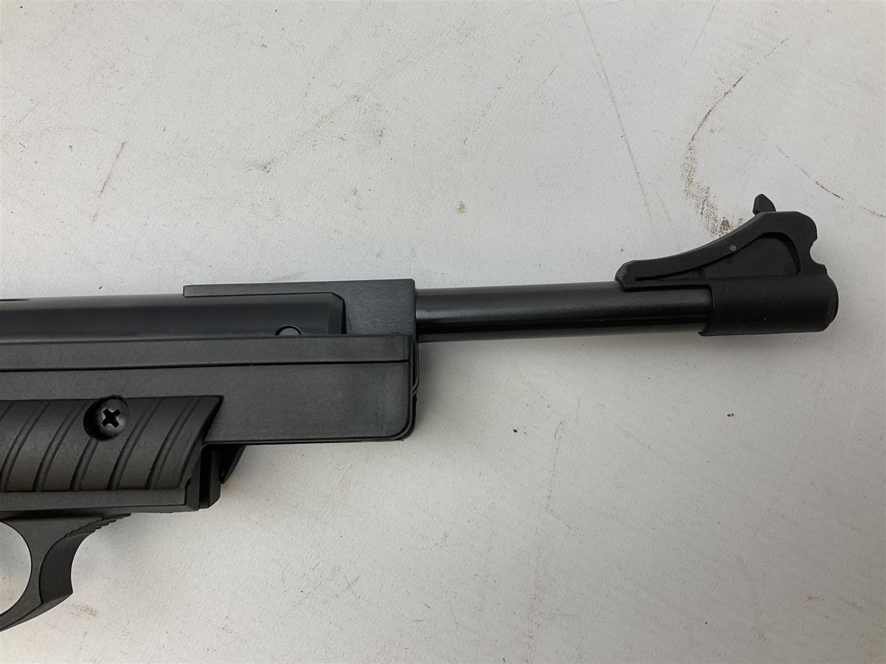 Webley Typhoon .22 air pistol, break barrel action with adjustable sight and sound moderator, serial no.1211 22509, in original box with instructions