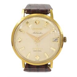 Longines Admiral gentleman's 18ct gold automatic presentation wristwatch, gilt dial with date aperture, stamped 18K, on brown leather strap with Longines buckle and additional Longines black strap and buckle, boxed