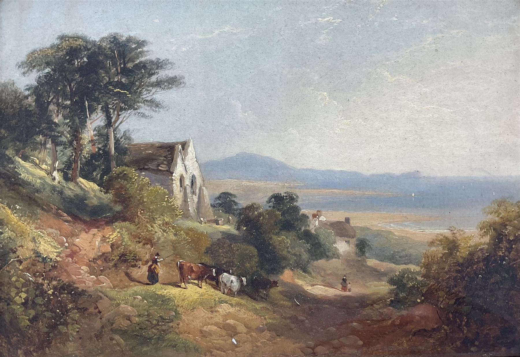 English School (19th century): 'The Church of St Ishmael - Bay of Carmarthen near the Worms Head', oil on board inscribed verso, in ornate moulded gilt frame 24cm x 34cm 