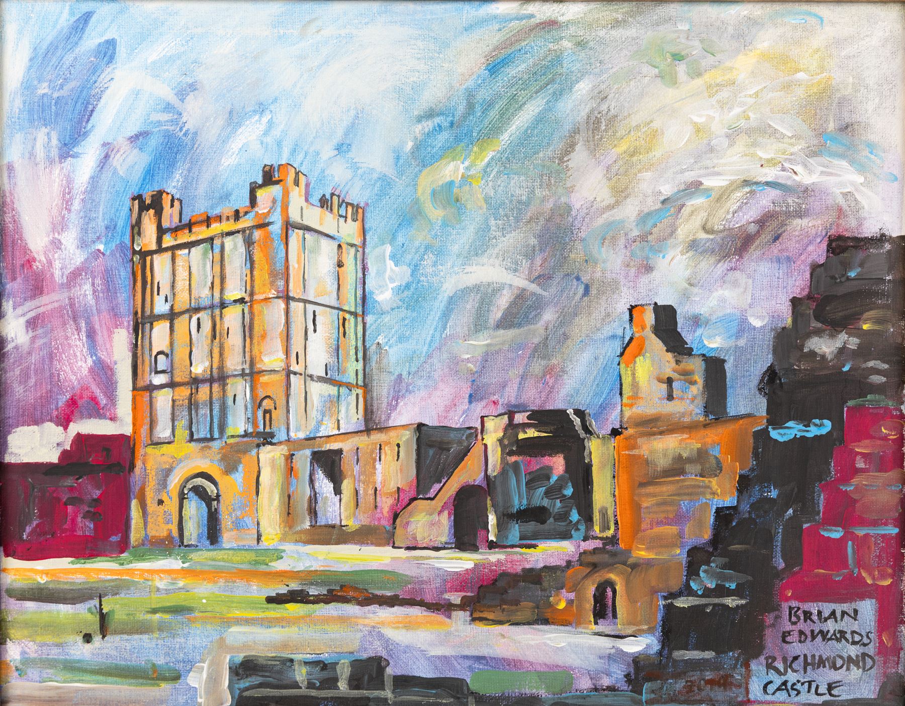 Brian Edwards (British 1944-): 'Richmond Castle', acrylic on canvas signed and titled 39cm x 50.5cm
Notes: Dr Brian Edwards is Emeritus Professor of Architecture at ECA Edinburgh University. He is the author of the book ‘Understanding Architecture through Drawing’, has exhibited at the Edinburgh Festival, the RSA and architecture section of the RA Summer Exhibition. As a retired architect, his paintings explore the interface between art and architecture