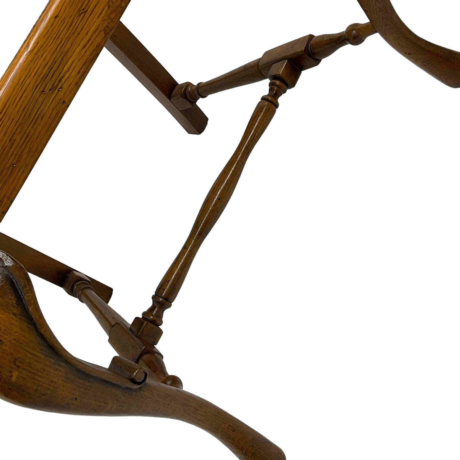 Late 20th century oak dining table, rectangular top with two draw leaf extensions, on turned supports united by moulded hayrake stretchers (180cm - 278cm x 90cm, H76cm); set of eight (6+2) oak dining chairs, shaped cresting rail over shaped splat back, upholster drop-in seat, on cabriole supports united by turned H-shaped stretchers 