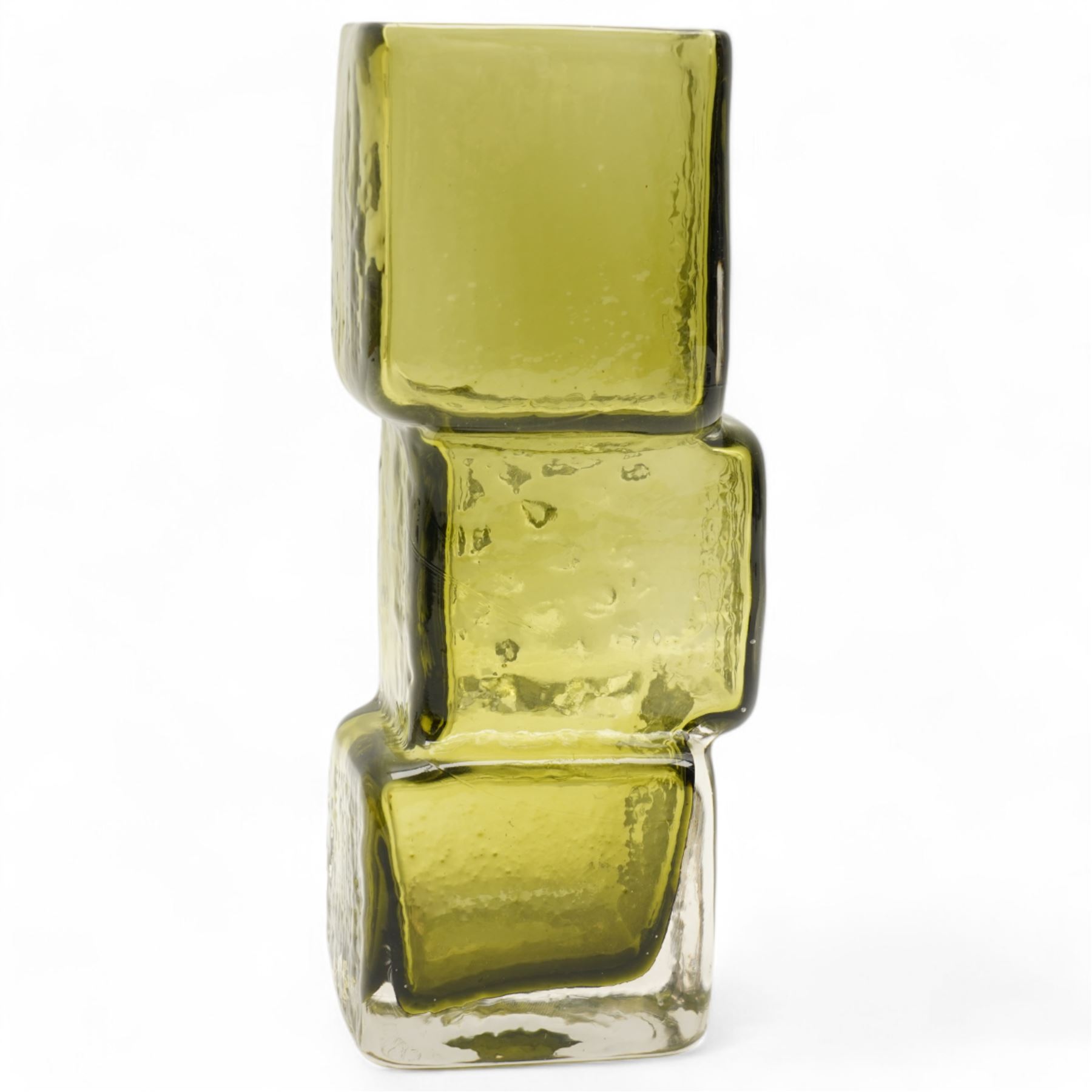 Whitefriars Textured Range 'Drunken Bricklayer' vase in sage green, designed by Geoffrey Baxter H21cm