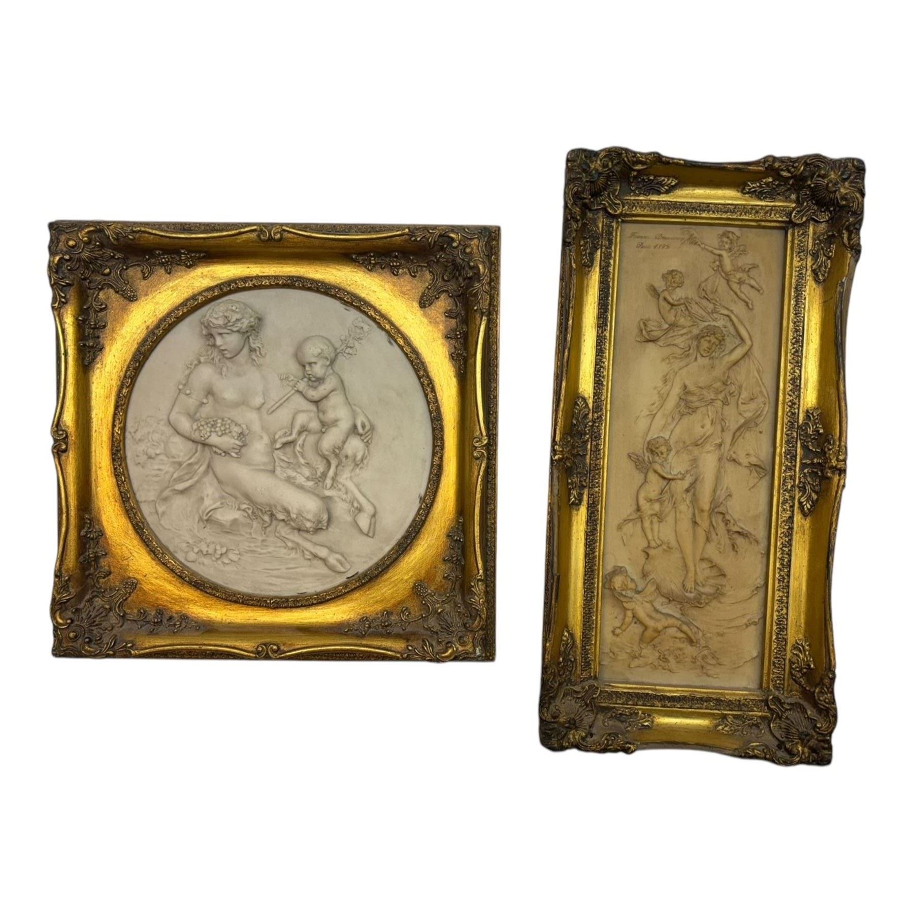 Composite relief panel, after Francois Duquesnoy, depicting a nymph and four putti, together with a further composite relief plaque depicting a Satyress with child, both in ornate gilt frames, tallest H54cm