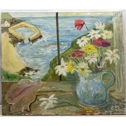 Manner of Winifred Nicholson (British 1893-1981): View from a Window with Flowers and Conch Shell, oil on canvas unsigned, inscribed verso 83cm x 100cm (unframed)