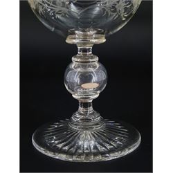 Late 19th century oversized glass goblet, the bowl engraved with cartouche containing dedication 'Jams Michie Died Jan 6th 1871 Aged 26 Years', surrounded by foliate detail, upon a hollow knopped stem containing a silver Victorian 1861 threepence and circular foot with star cut base, H19.5cm