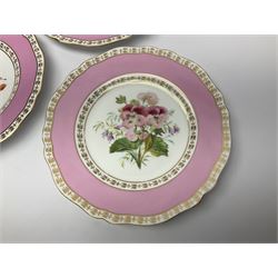 Victorian Copeland, Botanical dessert service, decorated with floral sprigs to the centre with a pink and gilt border, comprising five comports and seven plates, largest comport H20cm, plate D22cm
