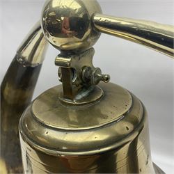 Early 20th century oak and horn dinner bell, the silvered bell suspended from a pair of cow horns, with silver plated mounts and blank shield shaped cartouche, upon square base, H37cm
