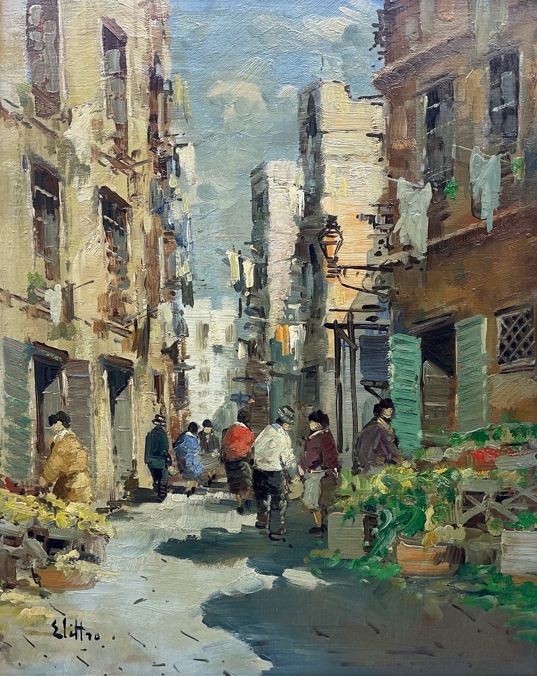 Giuseppe Elettro (Italian 1907-?): Continental Marketplace, oil on canvas signed 50cm x 40cm